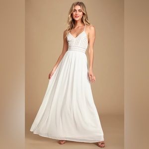 NWOT Lulus Meet Me In Madrid White Beaded Maxi Dress